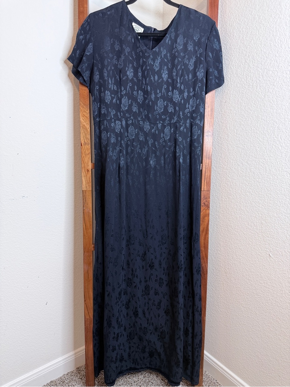 Vintage Laura Ashley Navy Rose Jacquard Maxi Dress Made in UK Size 8
